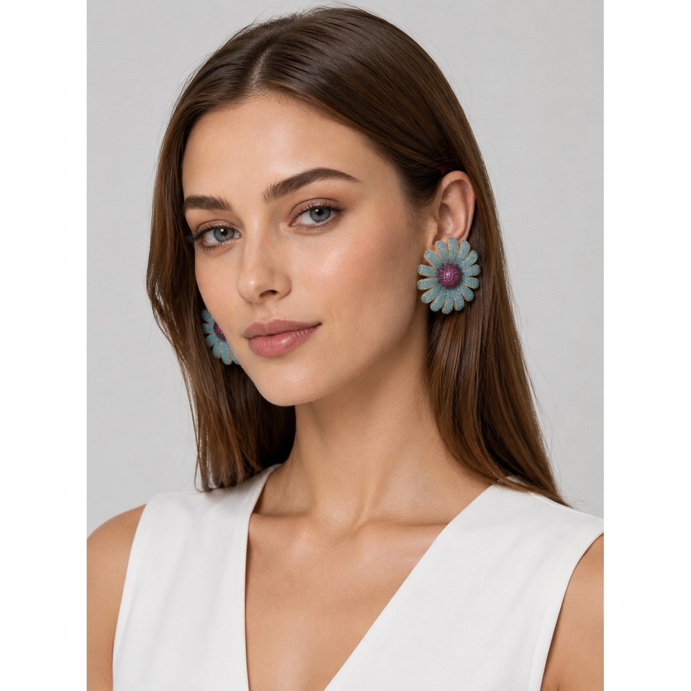 Begum Khan Floral Crystal Clip On Earrings 24K Gold Plated Chamomile
